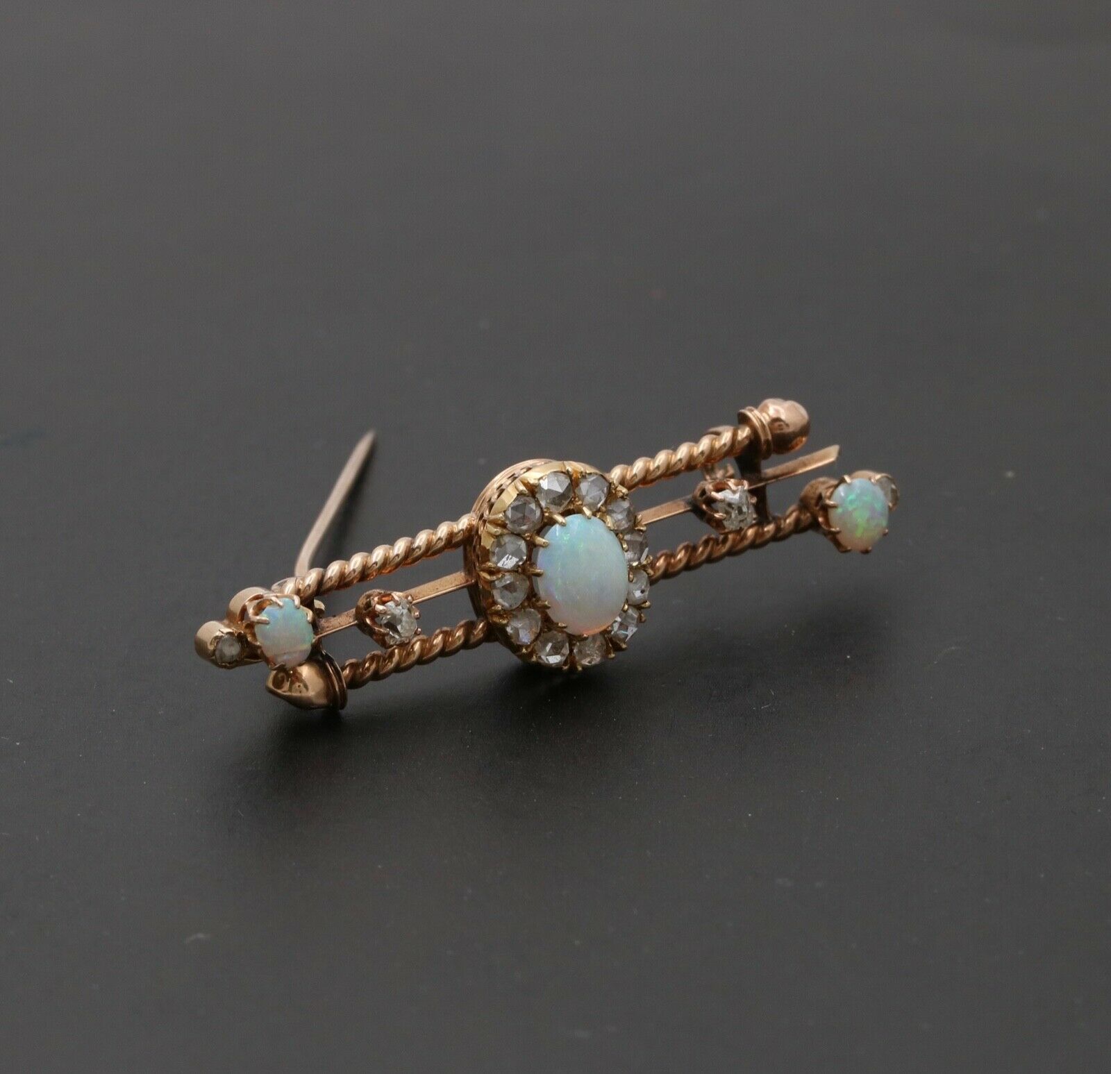 Victorian Opals Diamonds 14K Rose Gold Brooch Pin