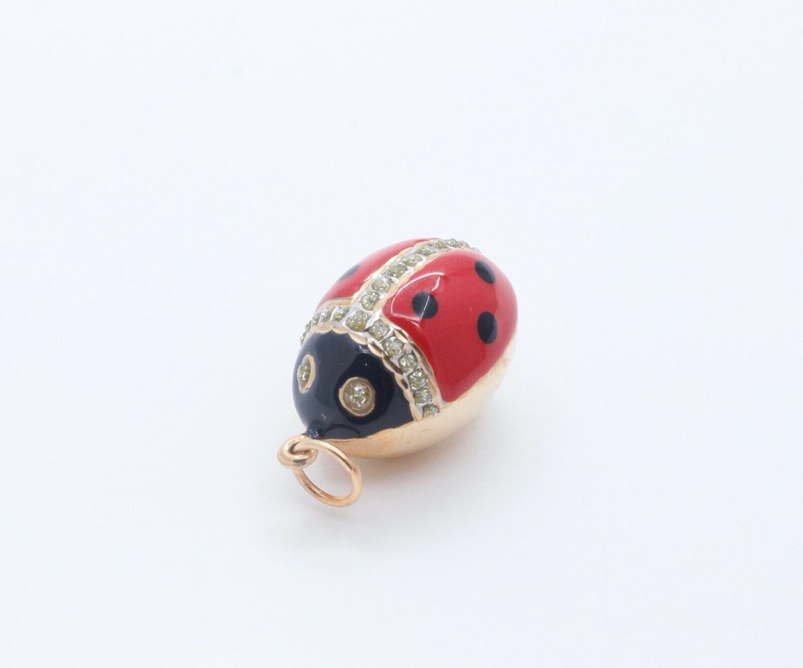Cute Ladybug 14K Yellow Gold Diamonds Enameled Pendant Charm