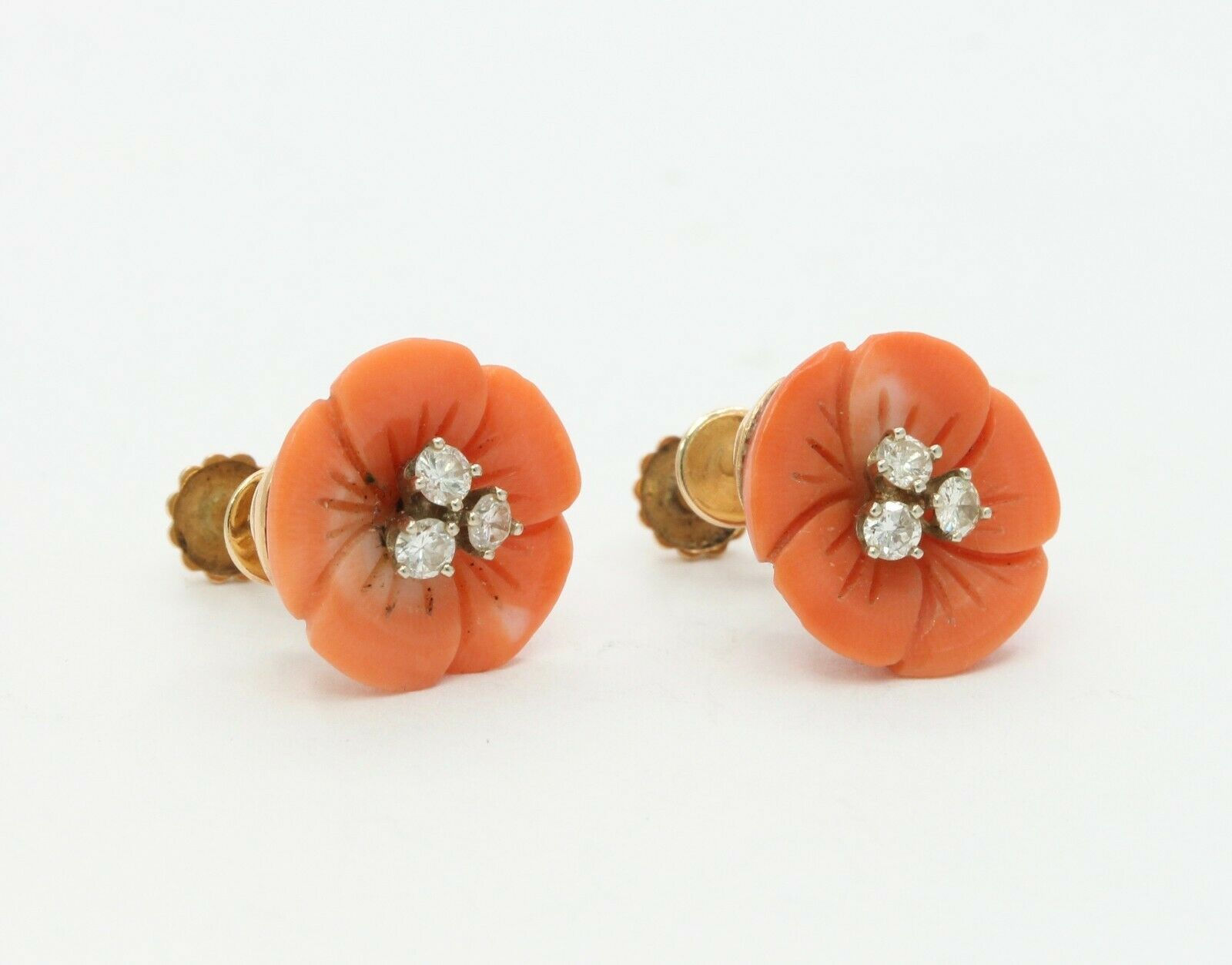 Vintage 14k Yellow Gold Diamond Coral Floral Non Pierced Earrings