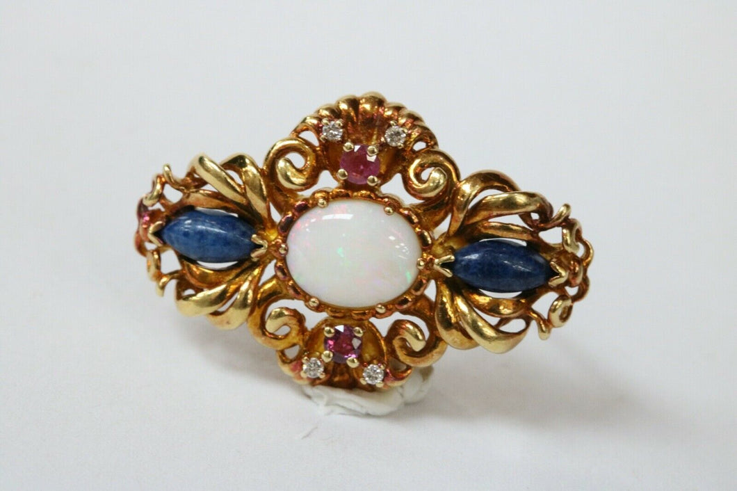 Vintage Victorian Style Opal Rubies Diamonds Sodalite 18K Yellow Gold Brooch Pin