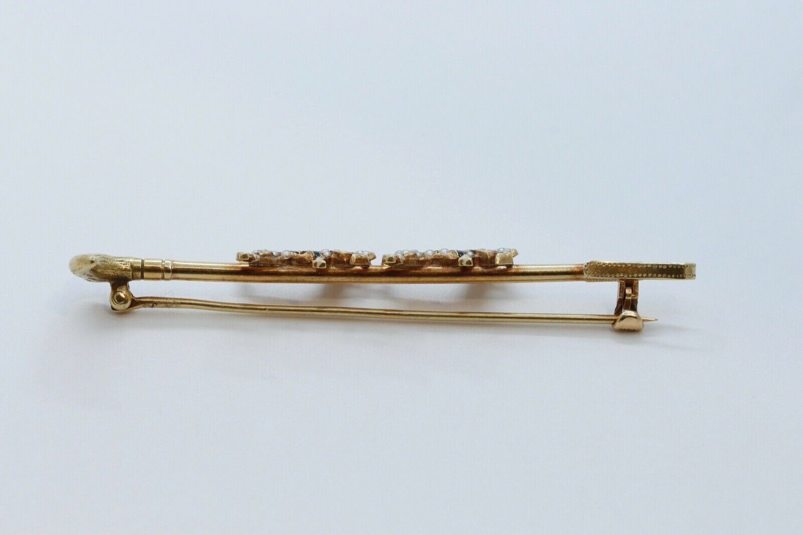 Victorian Horse and Crop 14K Yellow Gold Seed Pearls Brooch Pin