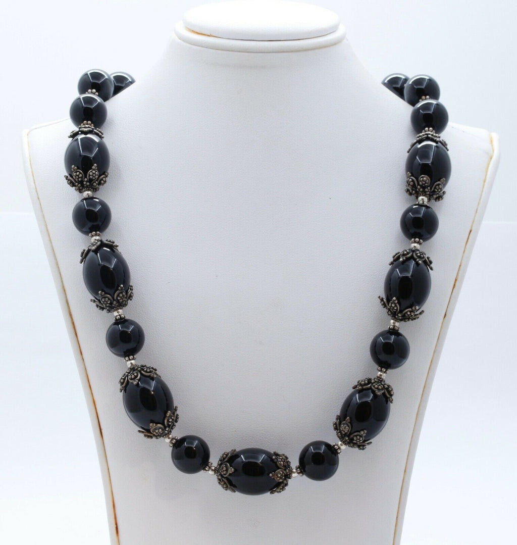 Meran Large Black Onyx Bead and 925 Sterling Silver Vintage Necklace