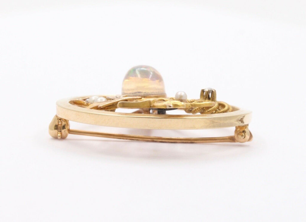 Art Nouveau 14K Yellow Gold Translucent Opal Diamond Seed Pearls Converted Brooch Pin