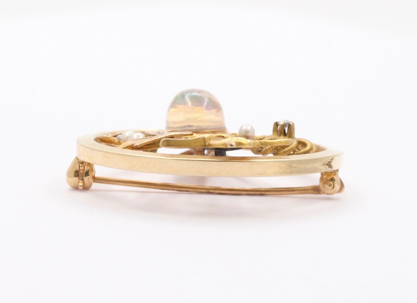 Art Nouveau 14K Yellow Gold Translucent Opal Diamond Seed Pearls Converted Brooch Pin