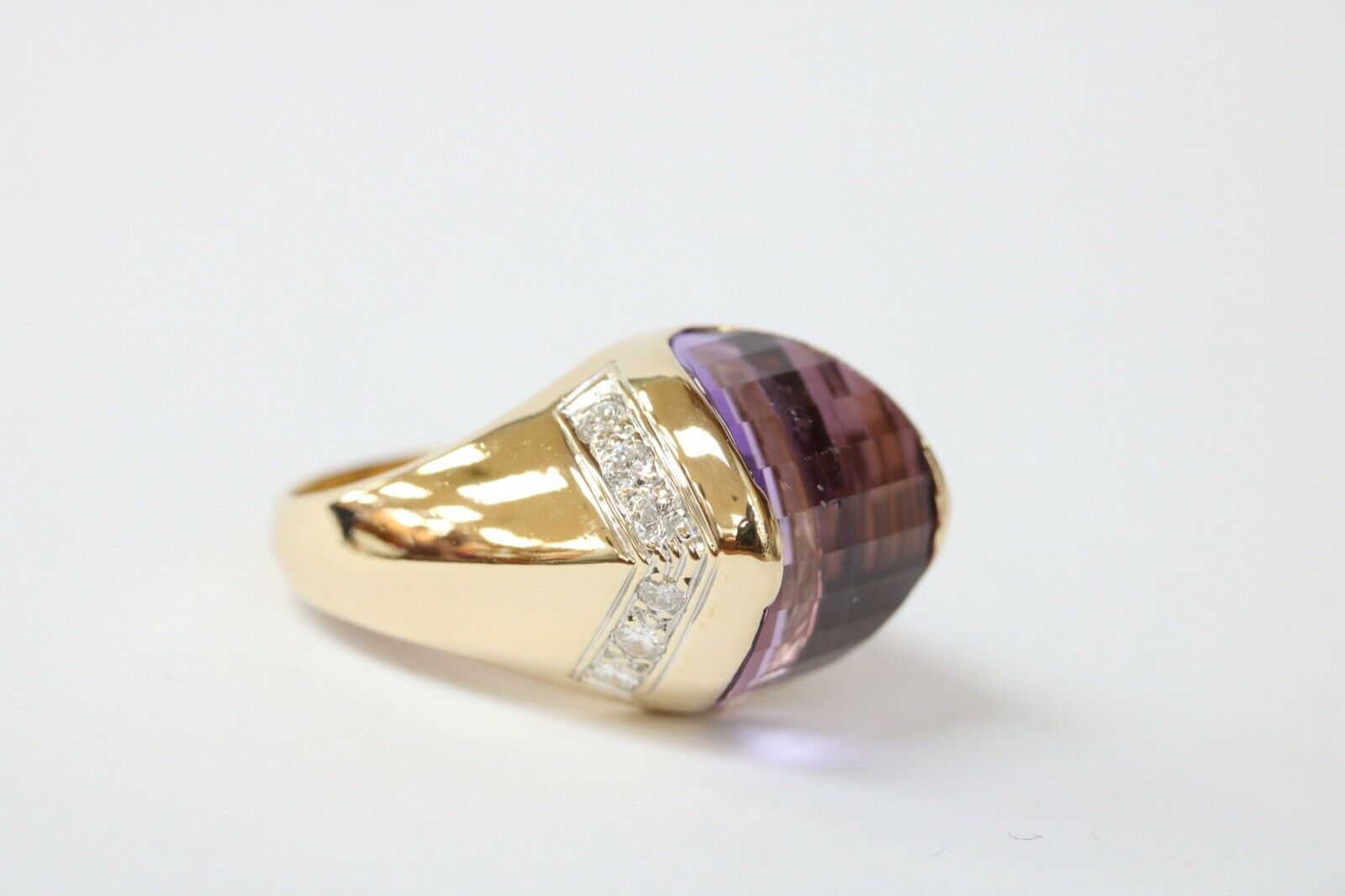 Vintage 14K Yellow Gold  Amethyst & Diamonds Funky Ring.