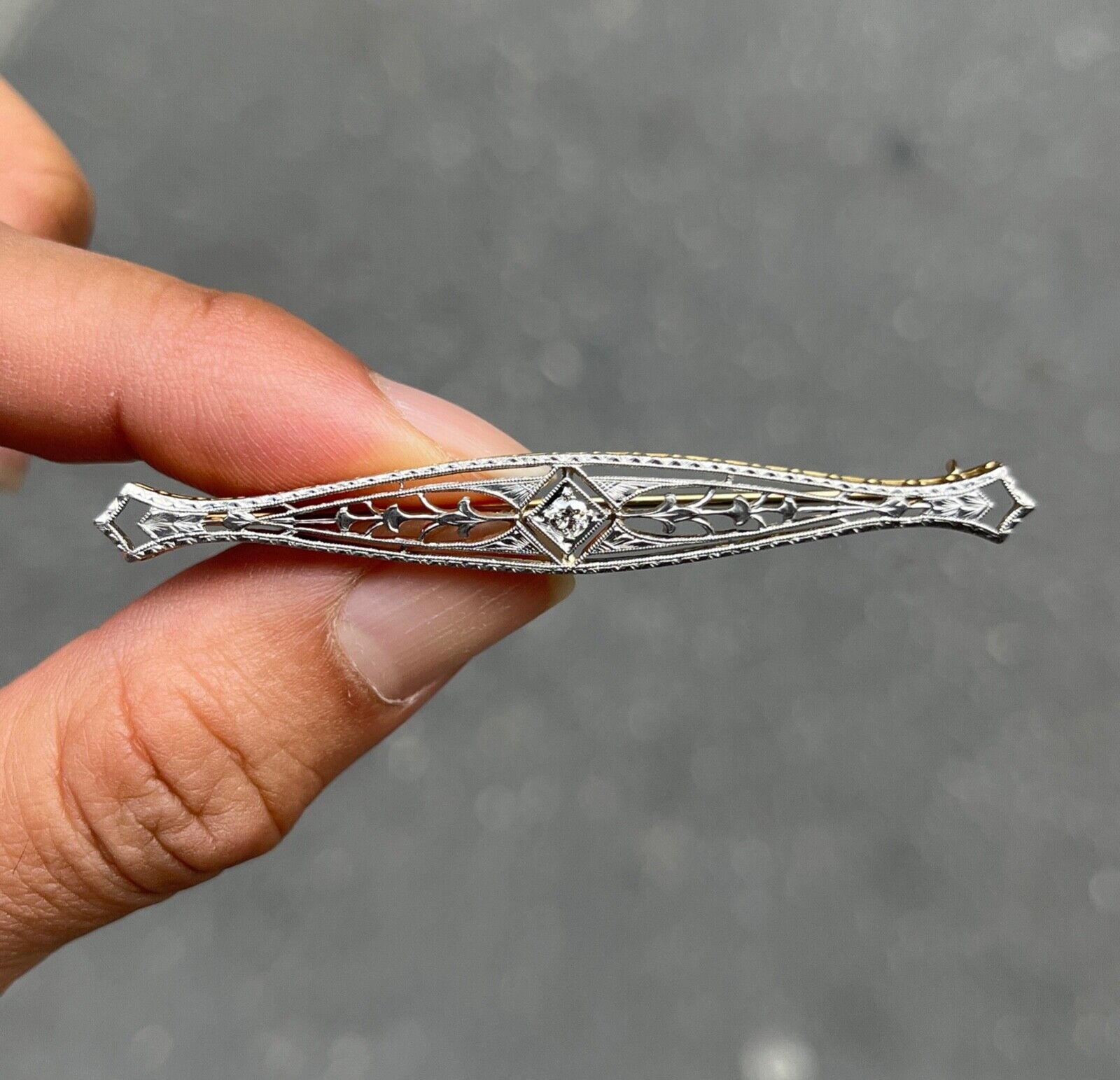 Art Deco Antique 14K Gold Diamond Filigree Bar Pin