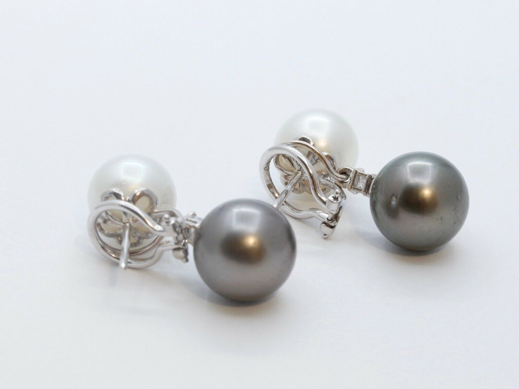 South Sea White and Tahitian Pearls Diamonds 18K White Gold Vintage Earrings