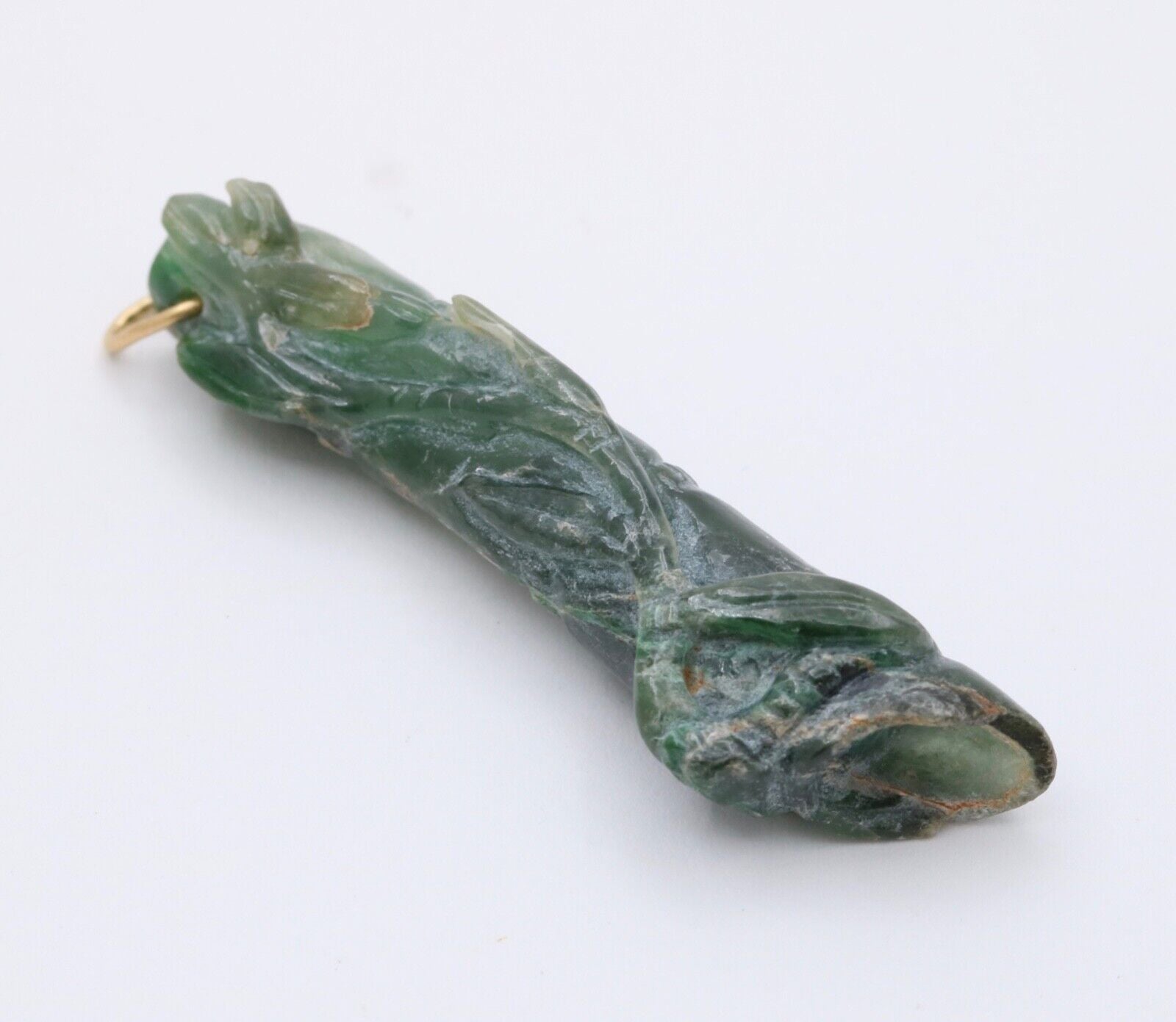 Antique Hand Carved Jade Bamboo 18K Yellow Gold Pendant