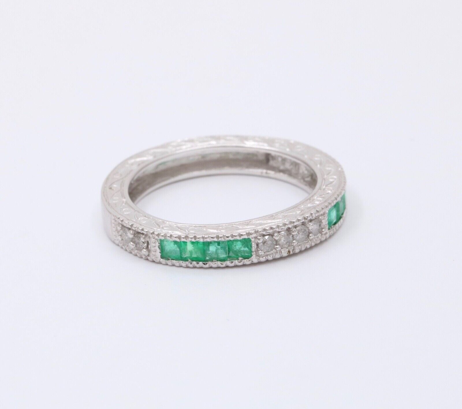 Gorgeous 14K White Gold Emerald & Diamond Half Eternity Ring Band, Wedding Band.