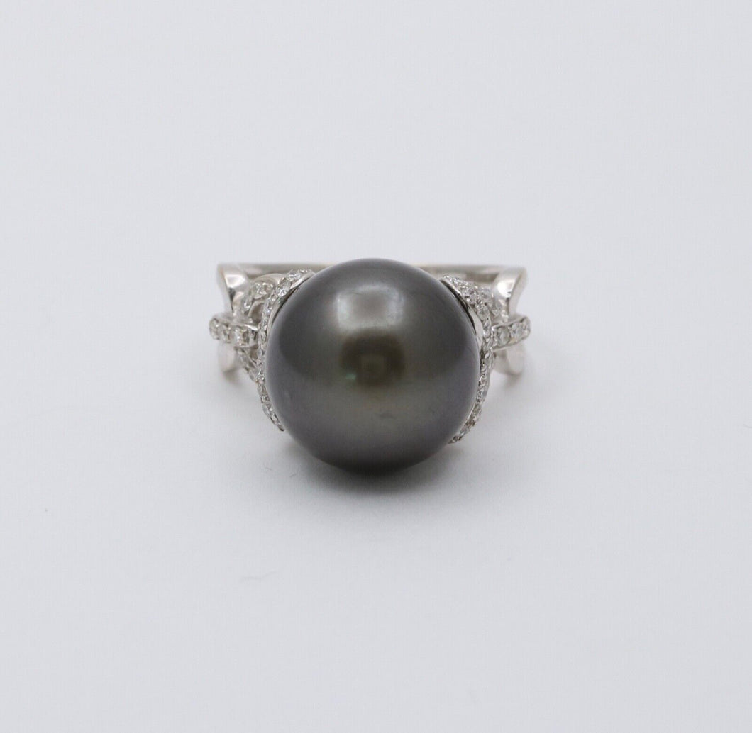 Vintage Tahitian South Sea Pearl Diamonds 18K White Gold Ring