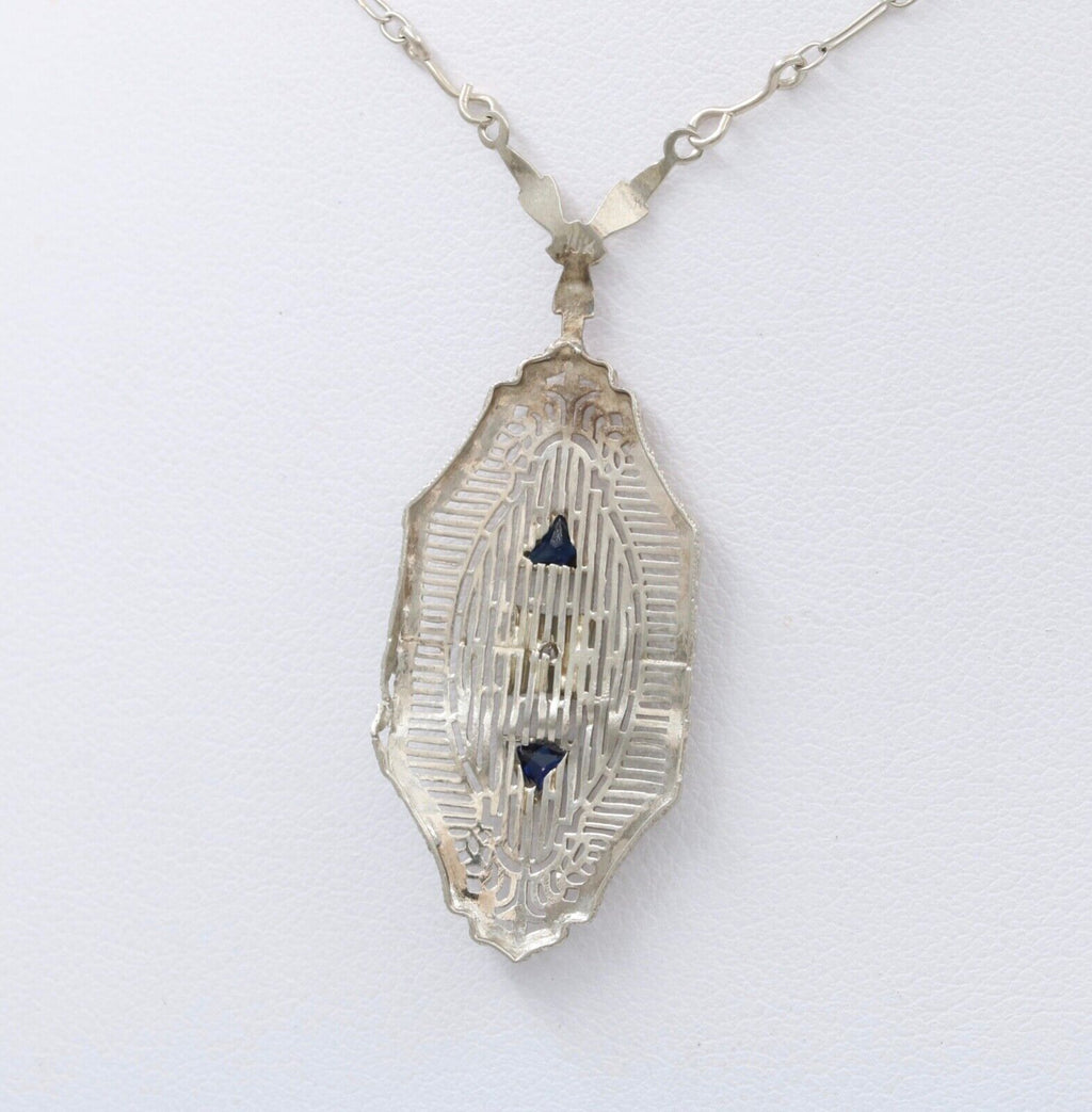 Art Deco 10K Gold Filigree Diamond & Sapphire Pendant Necklace