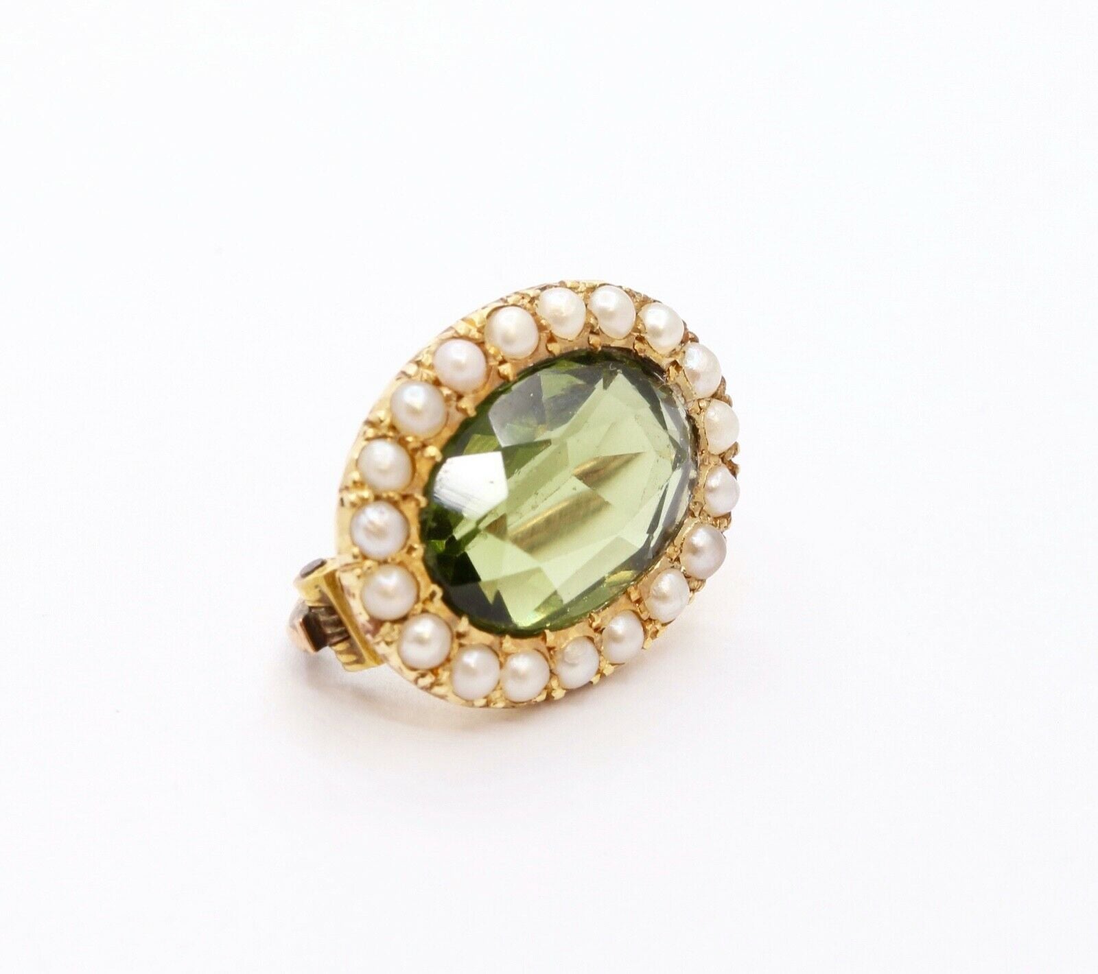 Edwardian 18K 14K Yellow Gold Peridot Seed Pearls Brooch Pin