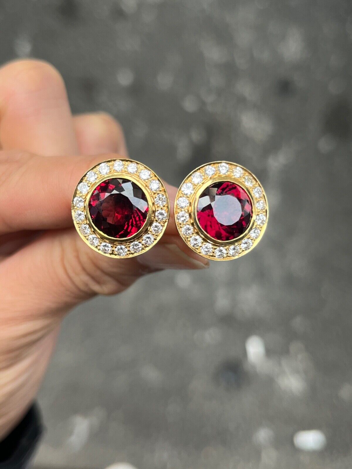 Vintage Rhodolite Garnet & Diamond Halo 18K Yellow Gold Earrings