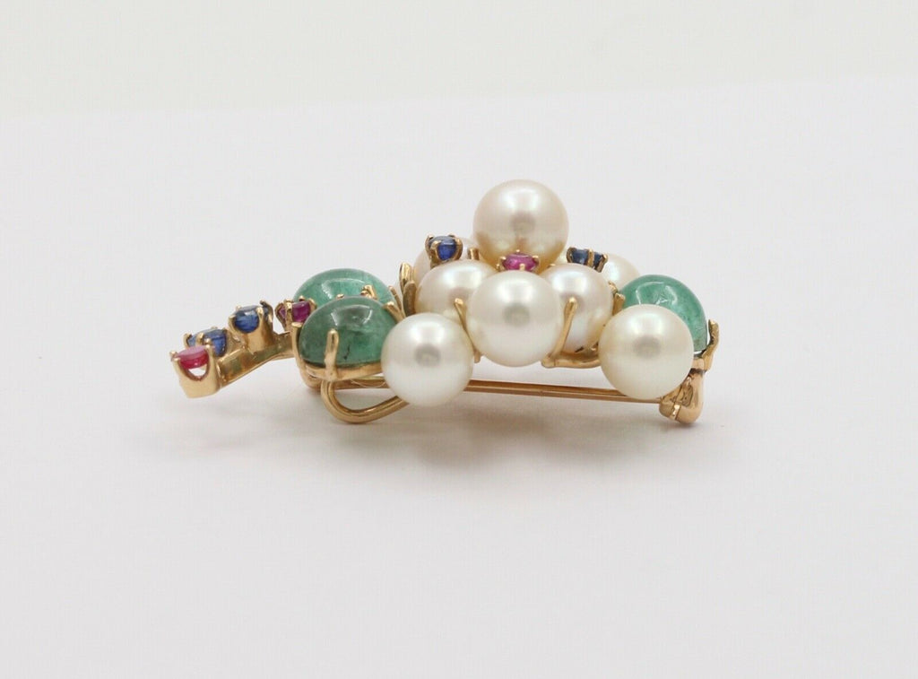 Vintage Cluster 14K YG Emeralds Sapphires Rubies Pearls Brooch Pendant