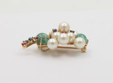 Load image into Gallery viewer, Vintage Cluster 14K YG Emeralds Sapphires Rubies Pearls Brooch Pendant
