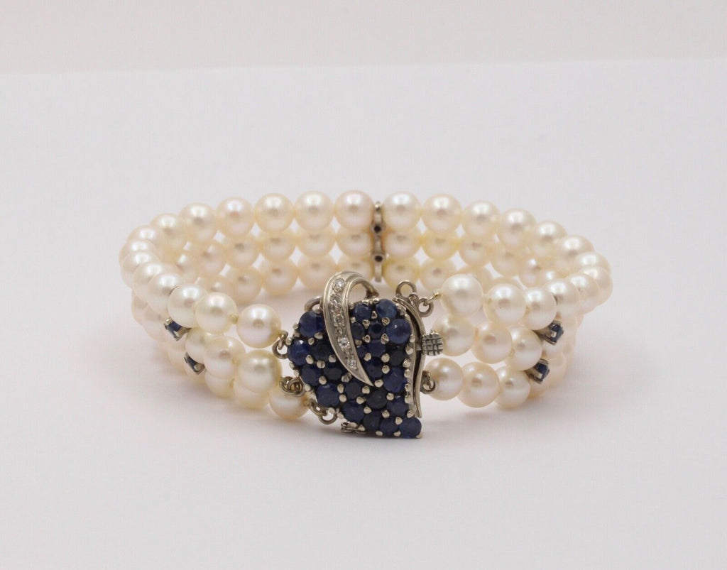 Vintage 3 Strand Beaded Pearl, Sapphire and Diamond Bracelet