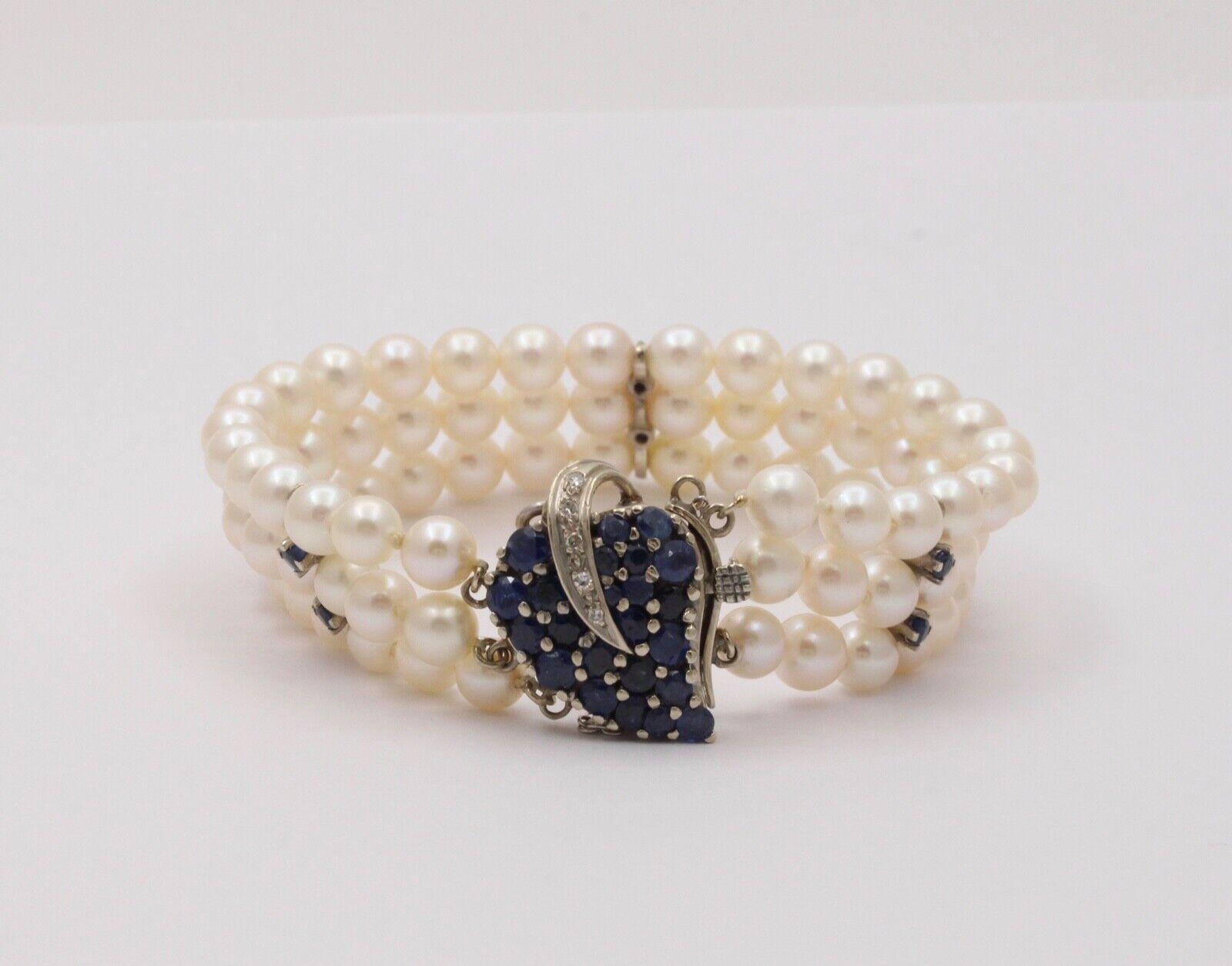 Vintage 3 Strand Beaded Pearl, Sapphire and Diamond Bracelet