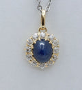 Victorian Cabochon Sapphire Old European Cut Diamonds 14K Yellow Gold Pendant