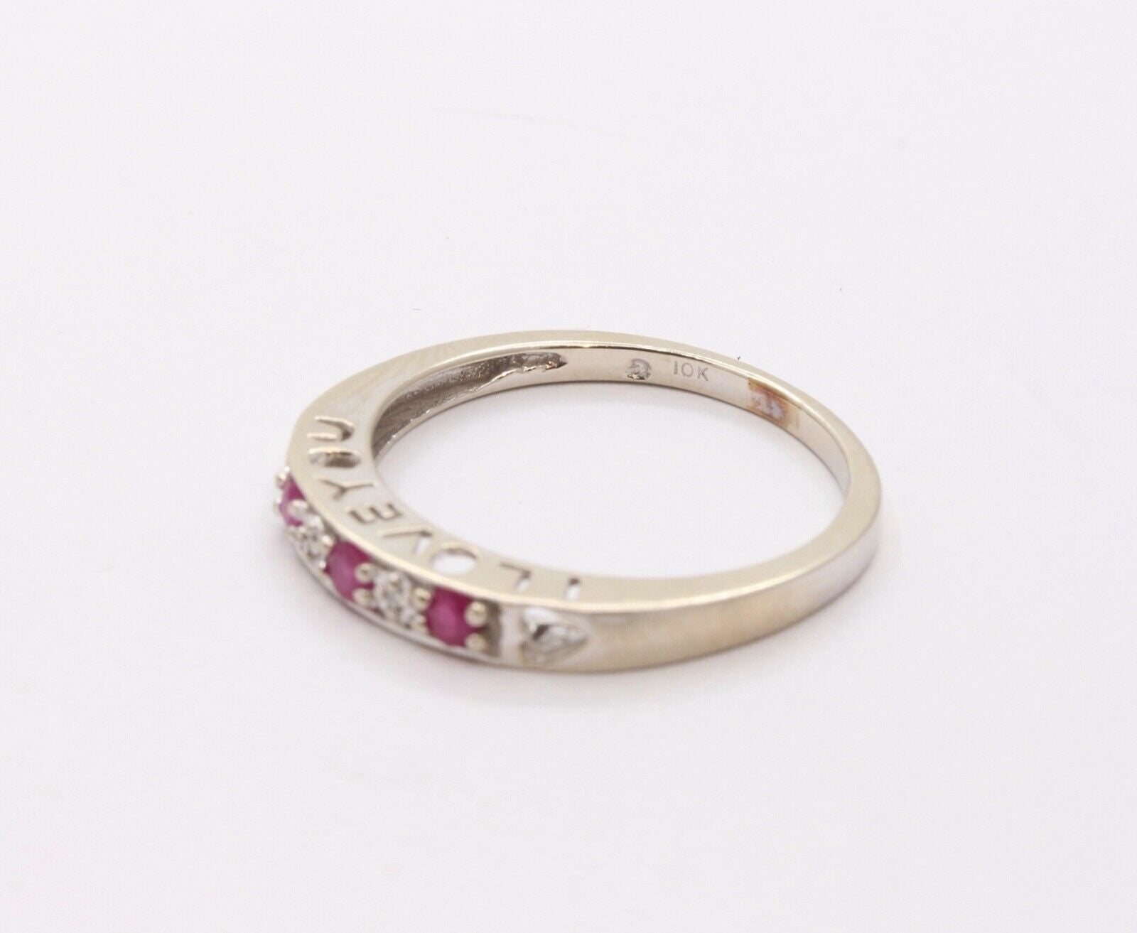 Vintage "I Love You" Ring with Rubies and Diamonds 10K White Gold with Hearts