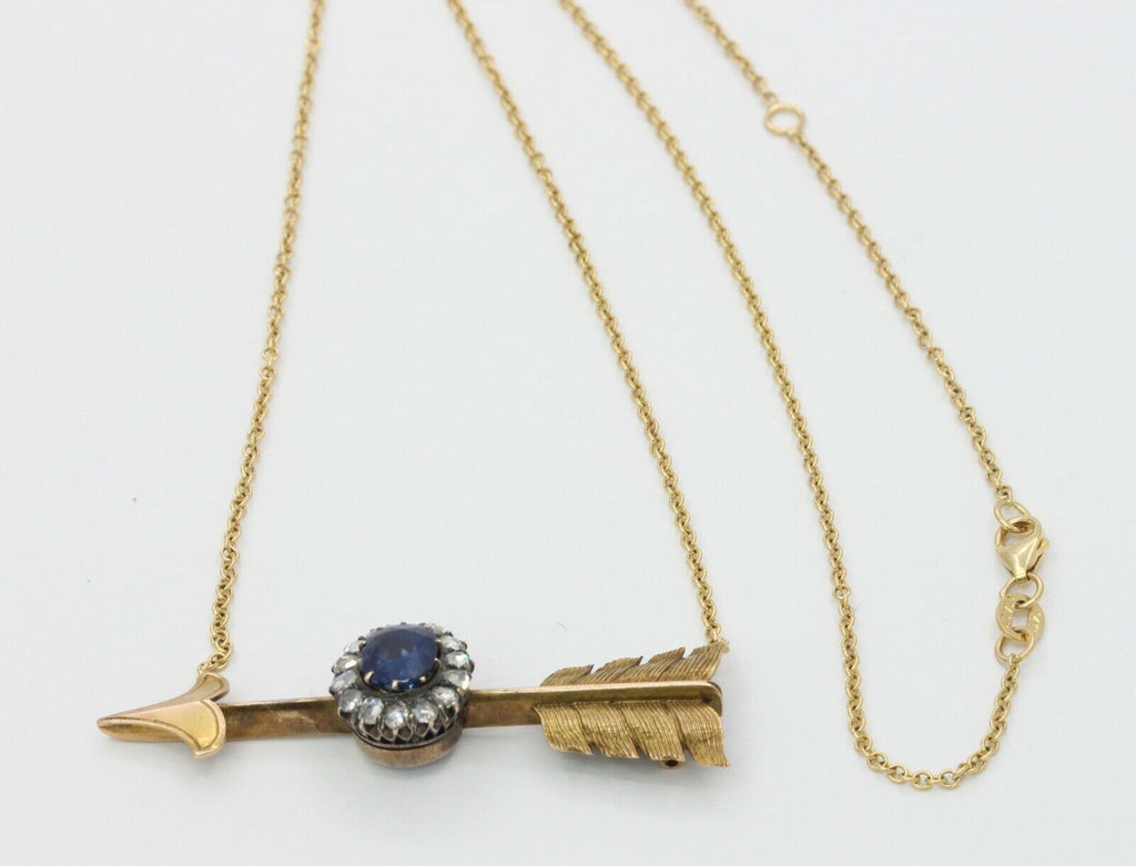 Victorian Russian 14K Yellow Gold Sapphire Rose Cut Diamond Arrow Pendant
