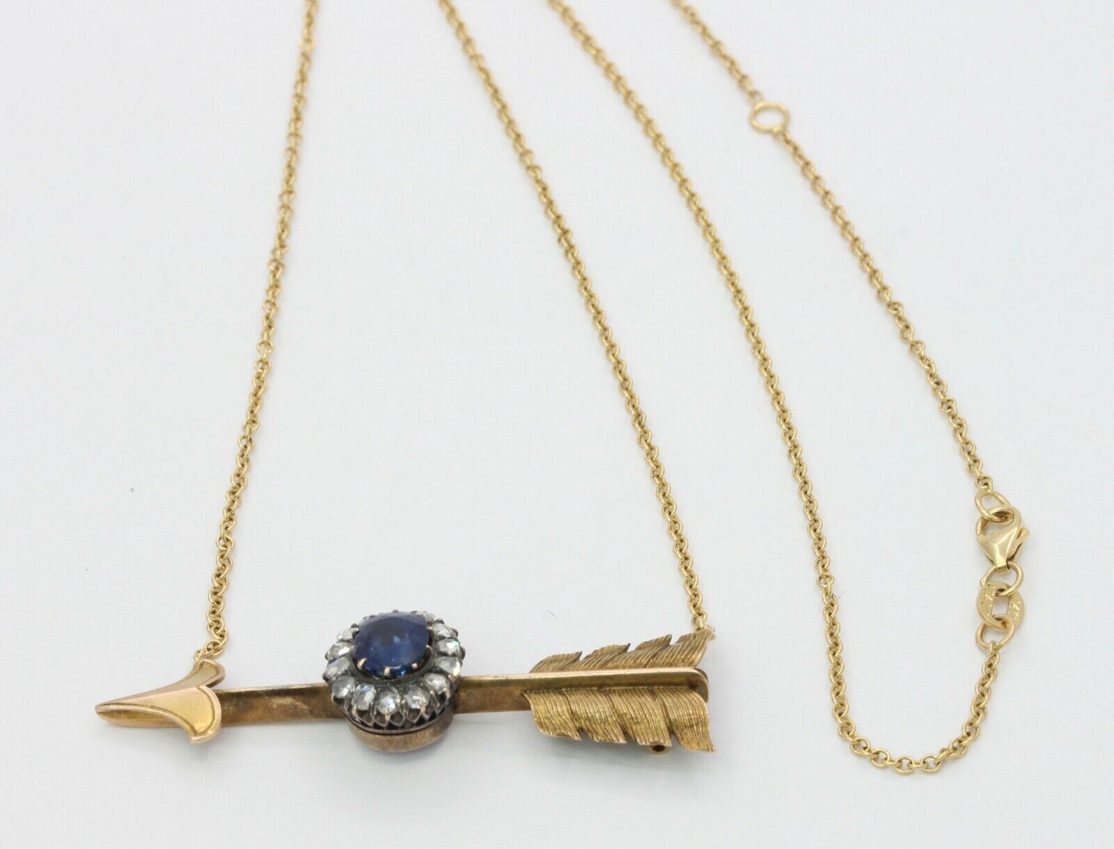 Victorian Russian 14K Yellow Gold Sapphire Rose Cut Diamond Arrow Pendant