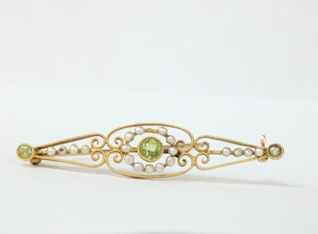 Art Nouveau Peridot & Button Pearl Gold Bar Pin