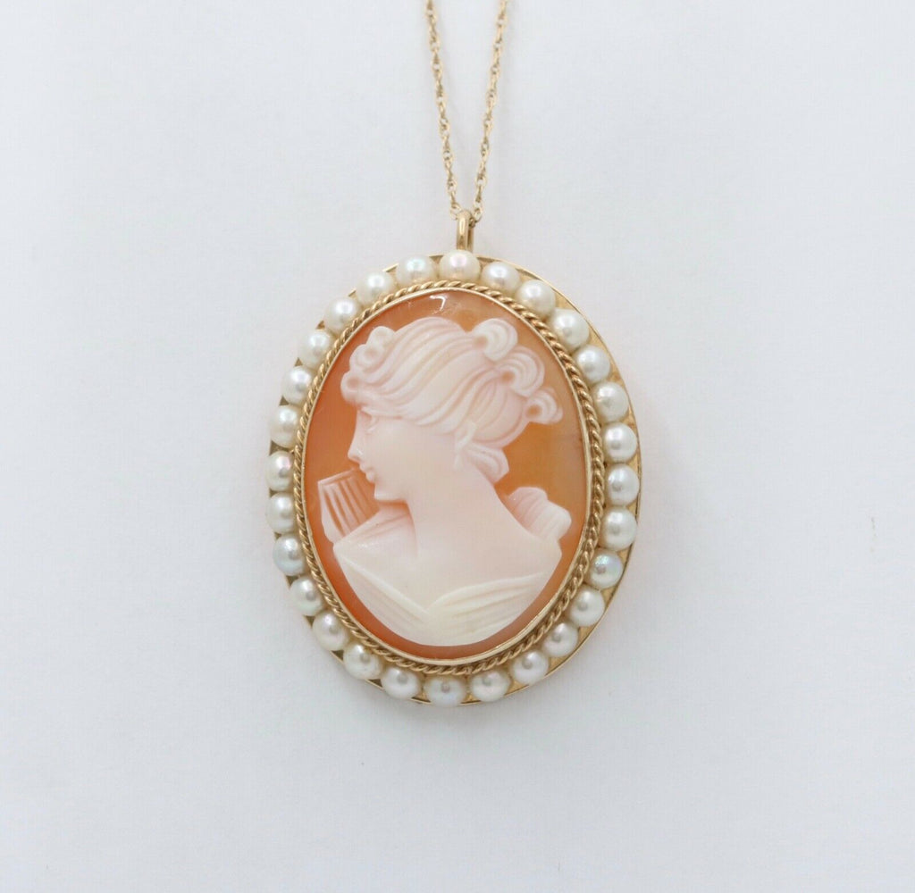 Vintage Carved Shell Cameo Pearls 14K Yellow Gold Brooch Pendant