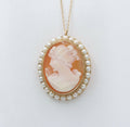 Vintage Carved Shell Cameo Pearls 14K Yellow Gold Brooch Pendant