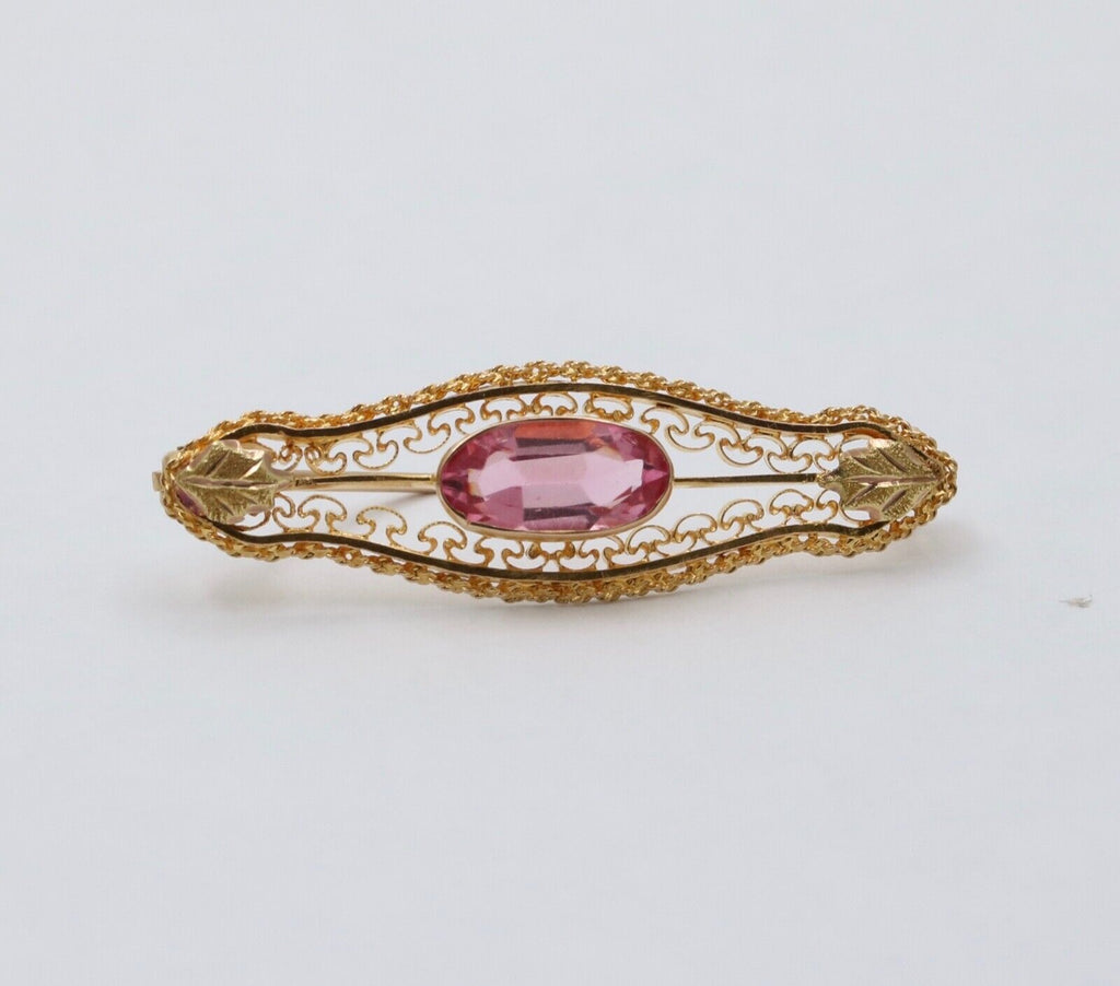 Vintage Pink Tourmaline 10K Yellow Gold Brooch Pin