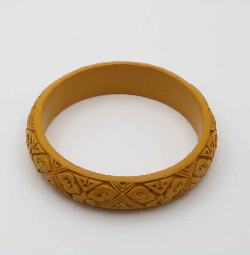 Vintage Yellow Carved Cinnabar Bangle, Bracelet.