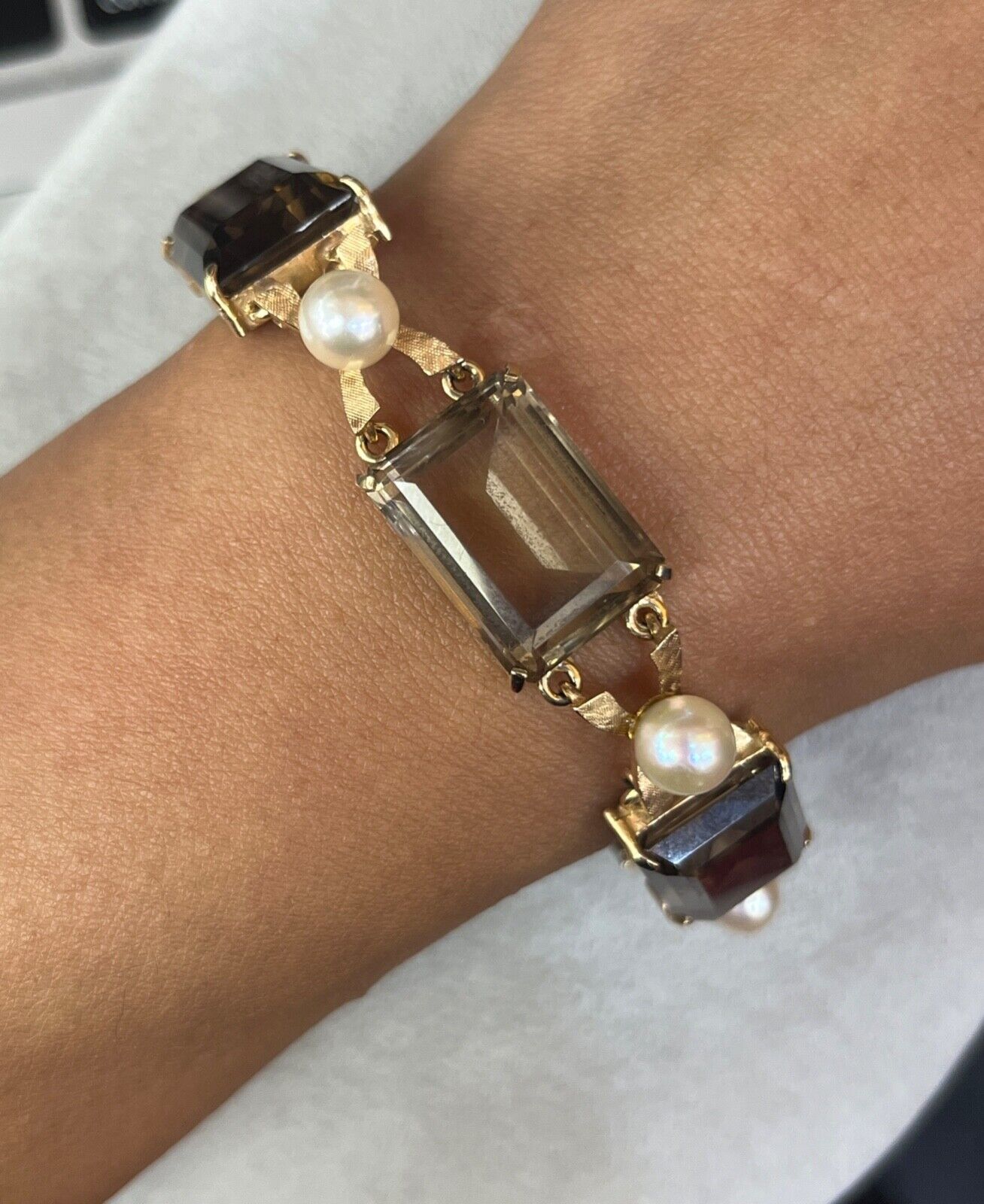 Vintage 14K Yellow Gold Smoky Topaz & Pearl Bracelet