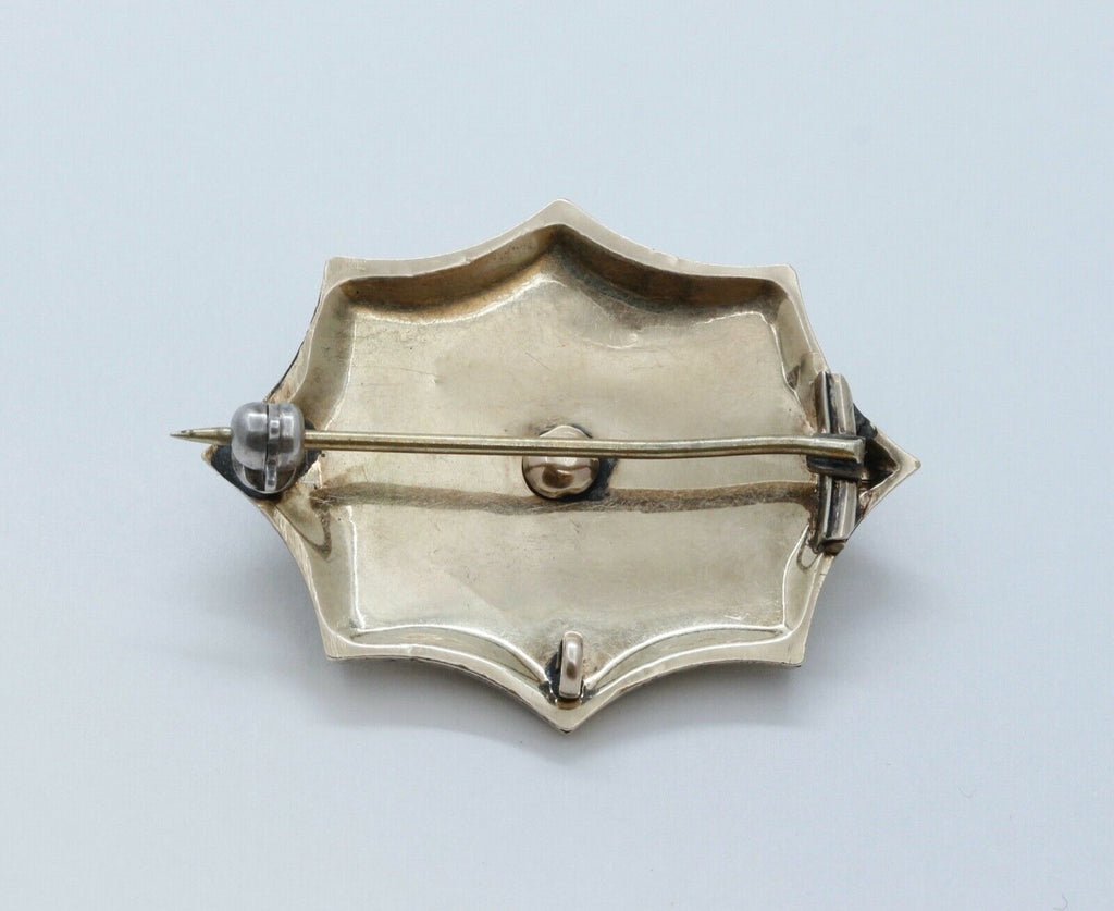 Victorian Mourning 9K Yellow Gold Onyx Enamel Seed Pearls Brooch Pin
