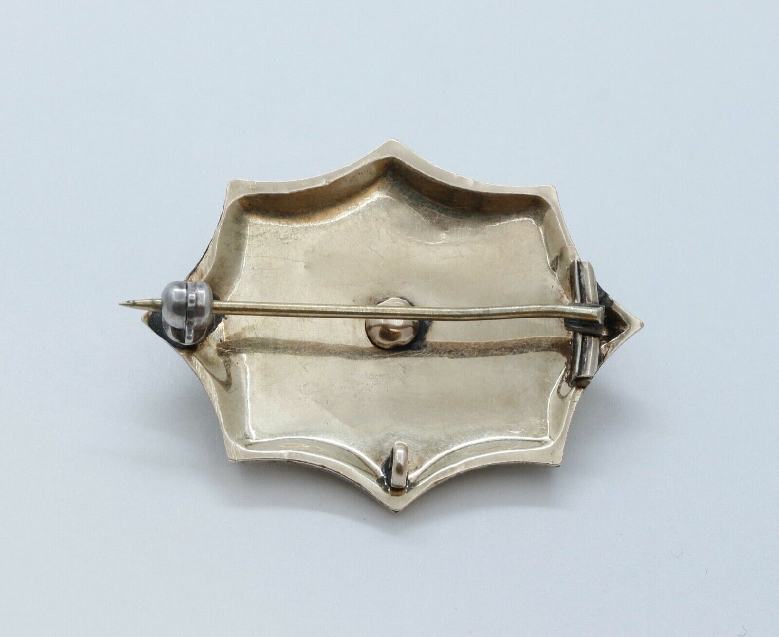 Victorian Mourning 9K Yellow Gold Onyx Enamel Seed Pearls Brooch Pin