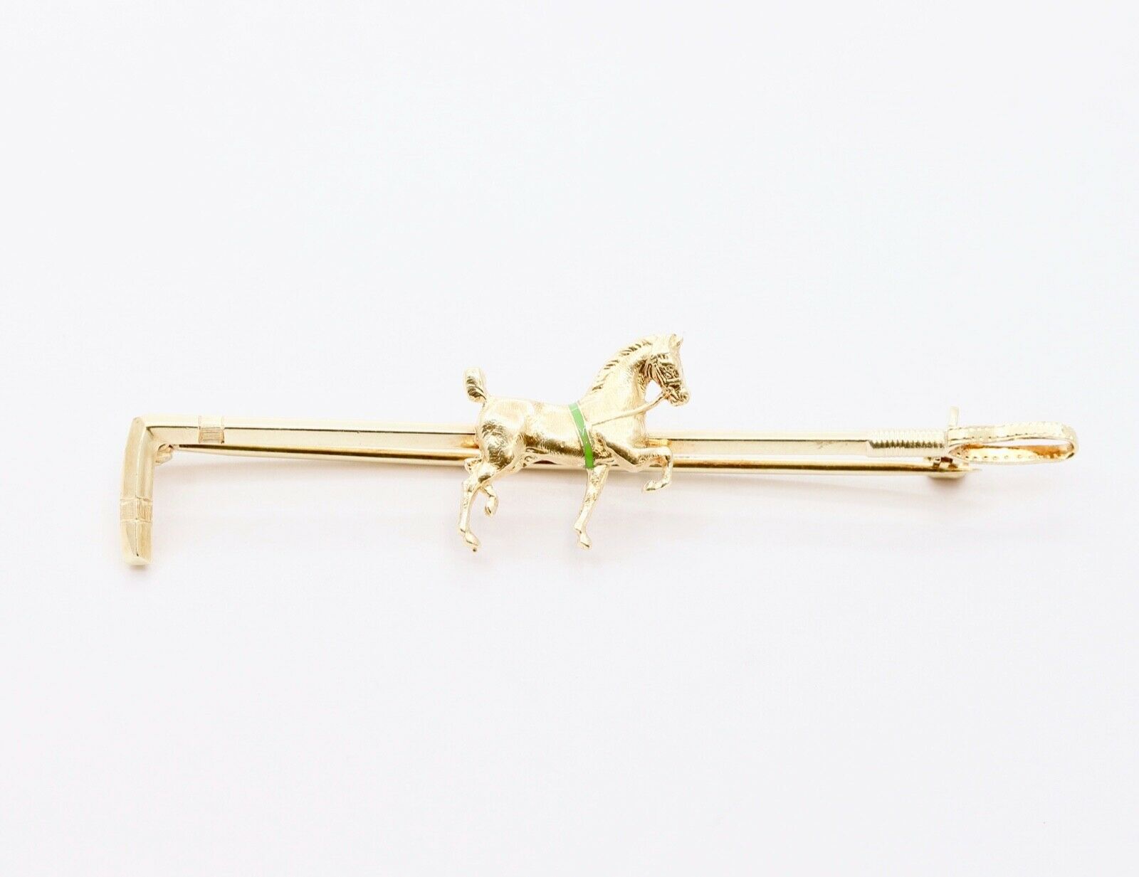 Vintage 14K Yellow Gold Horse and Riding Crop Enamel Brooch Pin