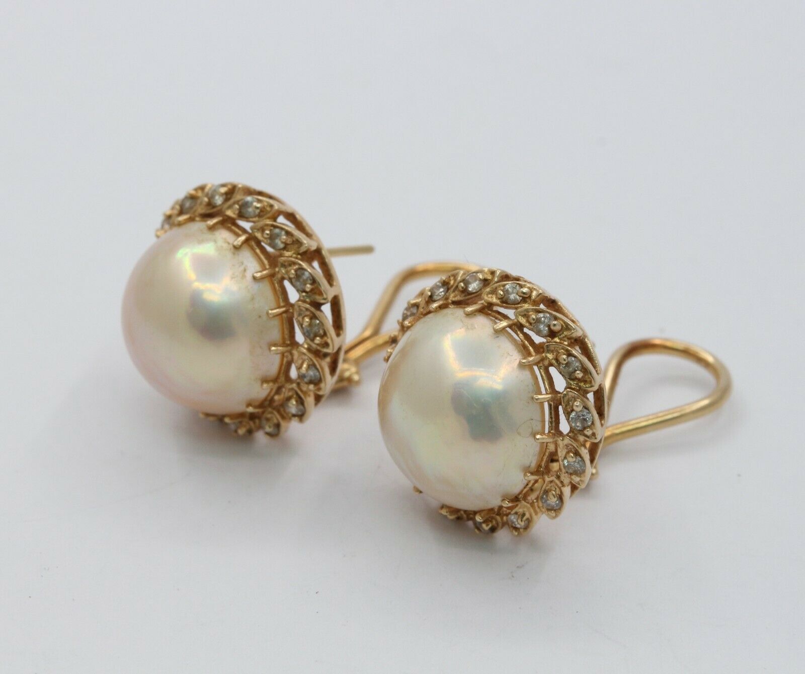 Vintage 14K Yellow Gold Mabe Pearl Diamond Earrings
