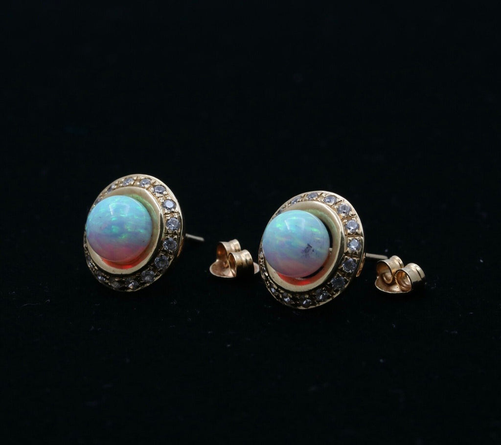 Vintage 14K Gold Opal, Diamond Halo Studs Earrings.