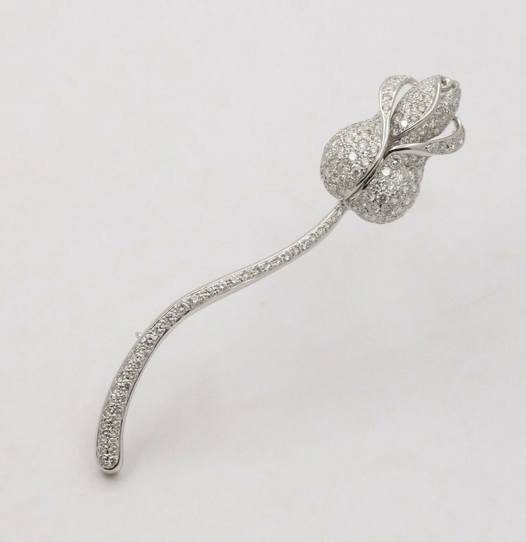 Vintage Estate Elegant Rose Flower Brilliant Cut Diamonds 18K White Gold Brooch,