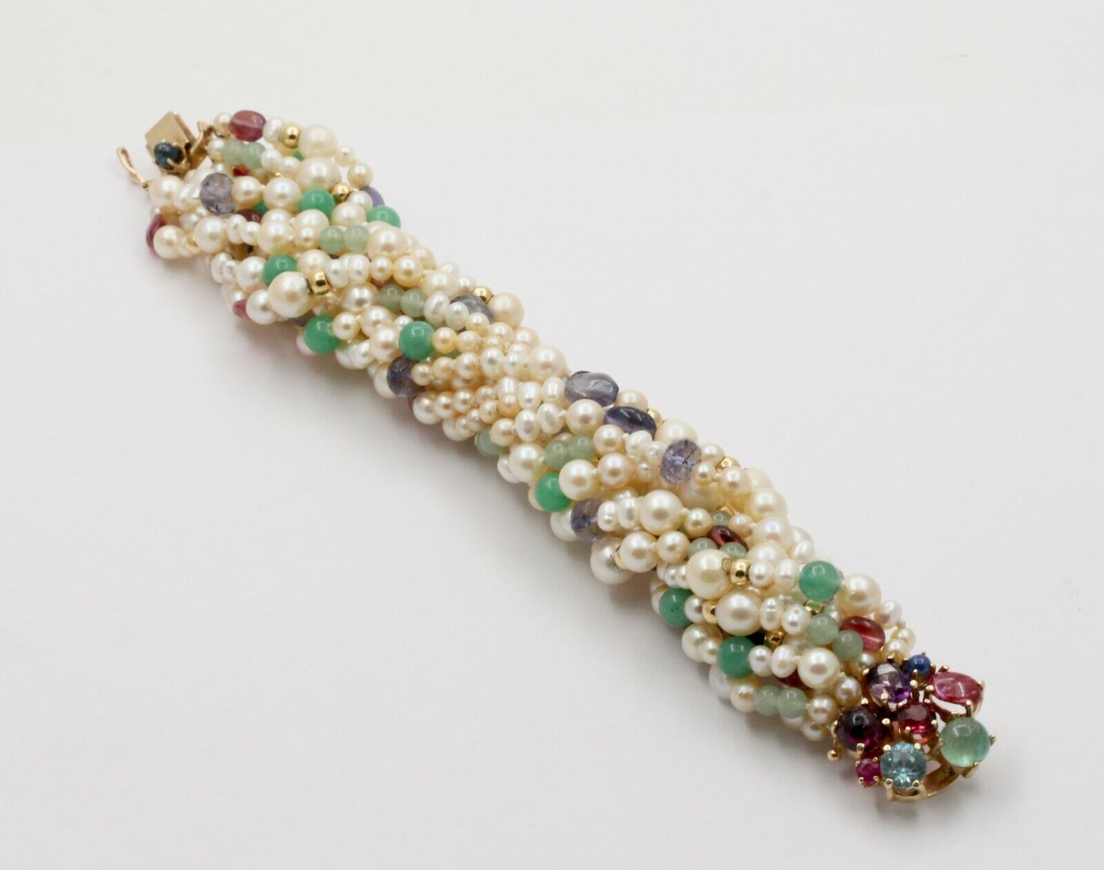 Vintage Multi-color Gem Stone Beaded Pearl 14K Yellow Gold Bracelet.