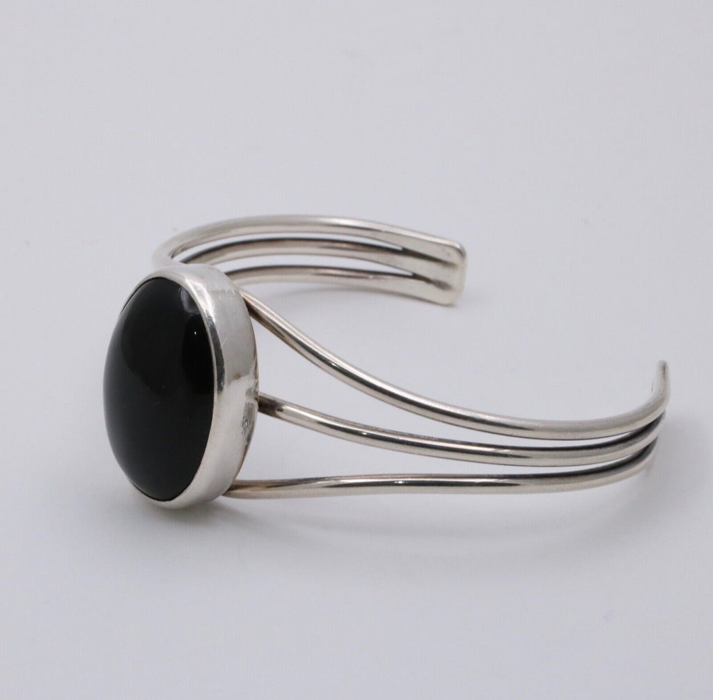 Vintage Onyx 925 Sterling Silver Bangle Cuff Bracelet