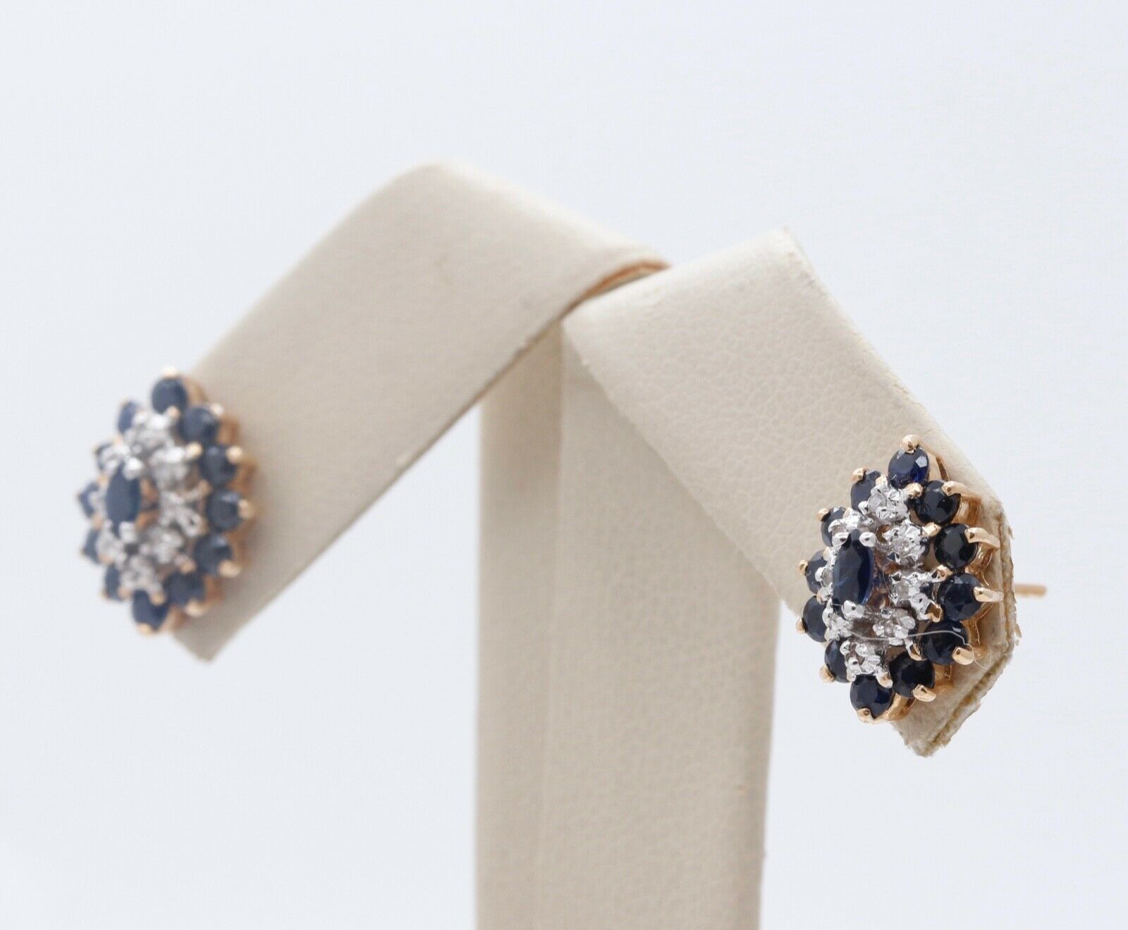 Vintage Ladies Blue Sapphire Diamonds 10K Yellow Gold Cluster Earrings