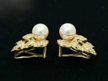 Load image into Gallery viewer, Vintage 14K Yellow Gold 9MM Akoya Pearl 3 Cts Diamond Omega Back No Pierce Earri
