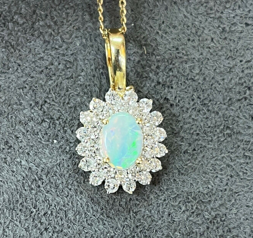 Vintage 14K Yellow Gold Australian Opal & Diamond Halo Pendant, Necklace.