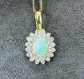 Vintage 14K Yellow Gold Australian Opal & Diamond Halo Pendant, Necklace.