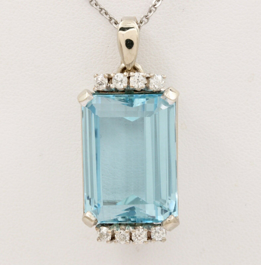 Vintage Aquamarine Diamonds 14K White Gold Pendant