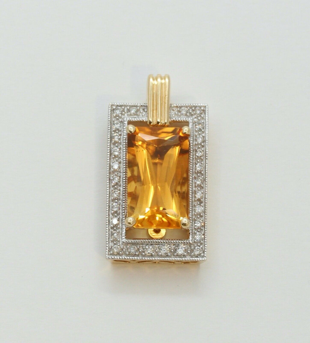 Vintage Emerald Cut Citrine Diamonds 14K Yellow Gold Pendant