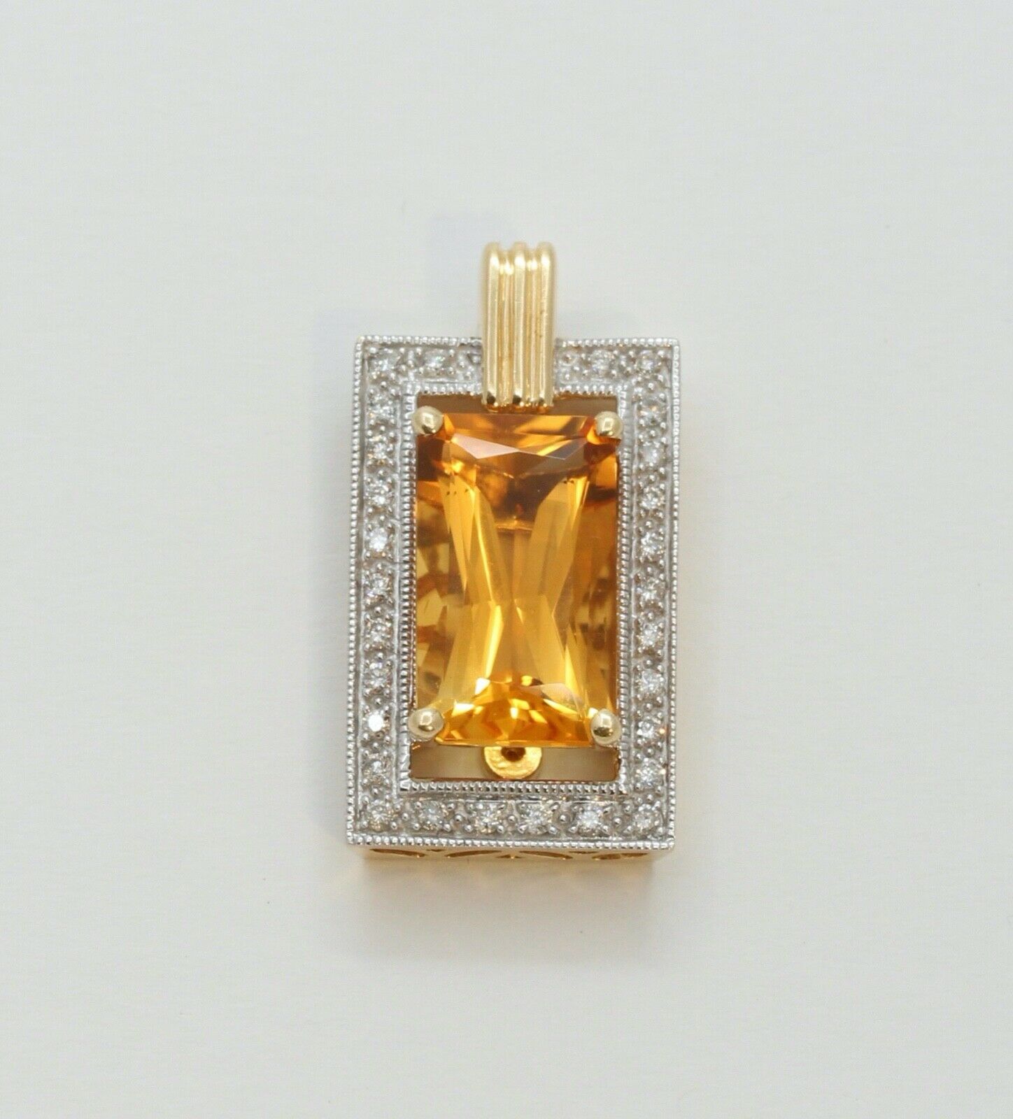 Vintage Emerald Cut Citrine Diamonds 14K Yellow Gold Pendant