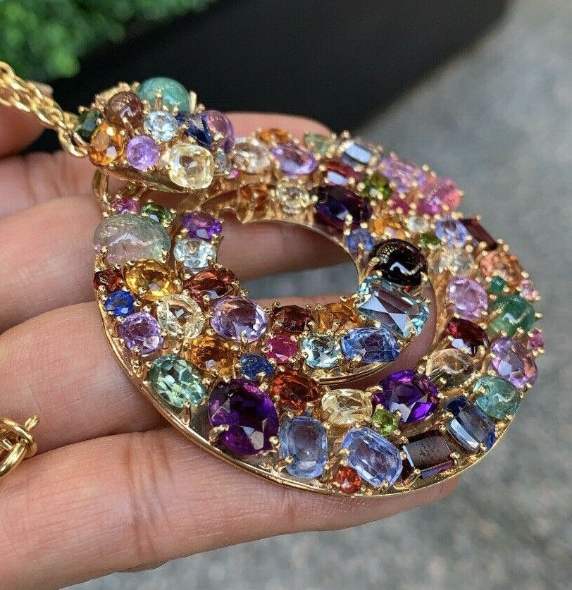 Funky Vintage Multi-Color Gem Stones Large Disc Pendant, Necklace .