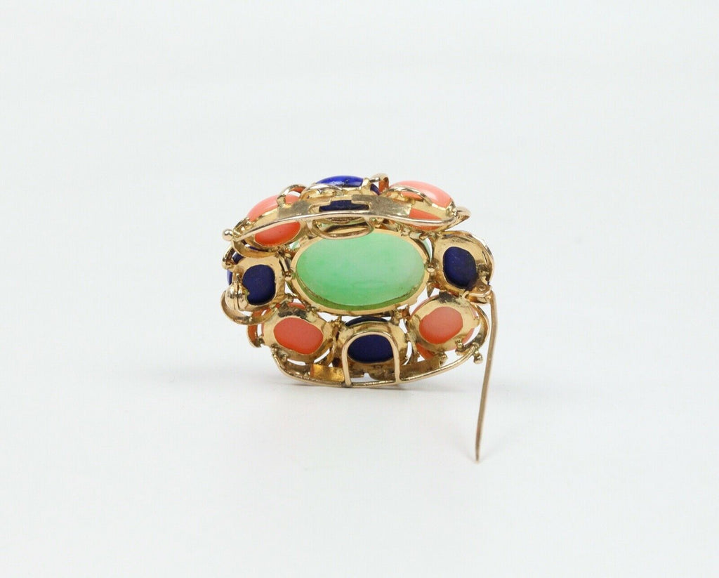 Beautiful Vintage Multi Stone Jade Jasper Lapis Lazuli Brooch Pin