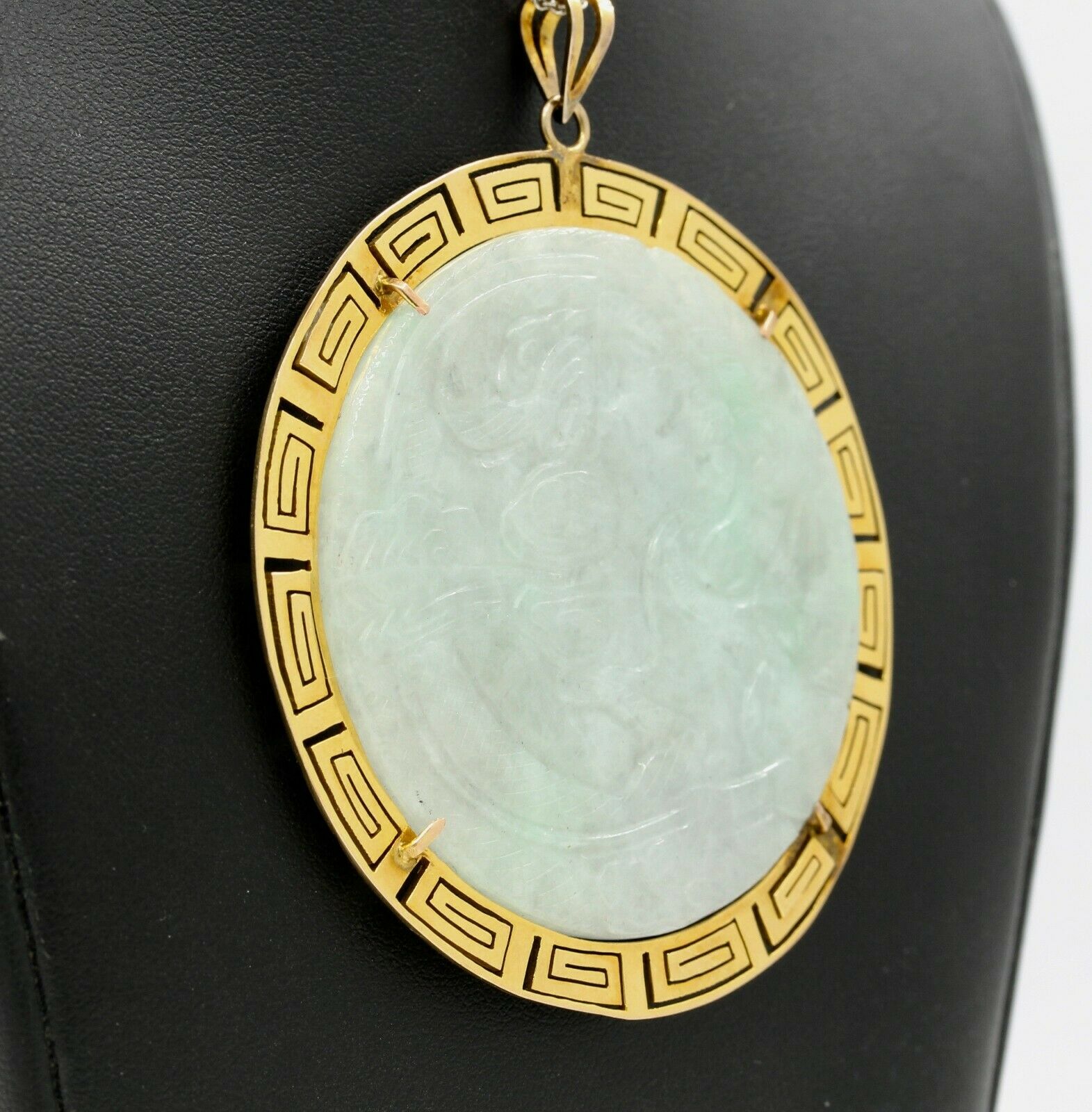 Vintage Custom Made 14K Yellow Gold Huge Carved Dragon Jade Pendant