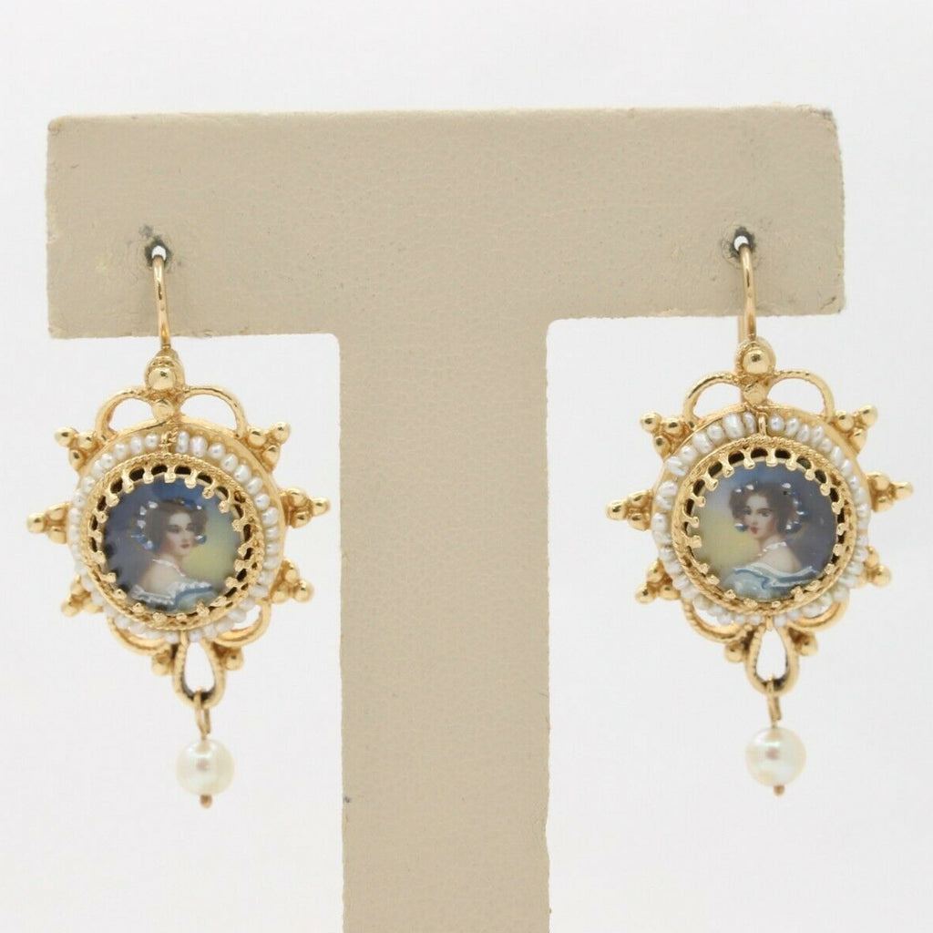 Vintage 14K Yellow Gold Woman’s Portrait Pearl Dangle Earrings